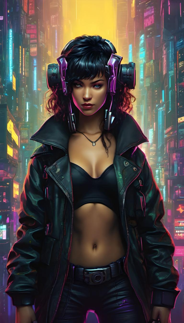 Cyberpunk,Cyberpunk, People, woman, 1girl, solo, breasts, navel, jacket, jewelry, pants, black hair, necklace