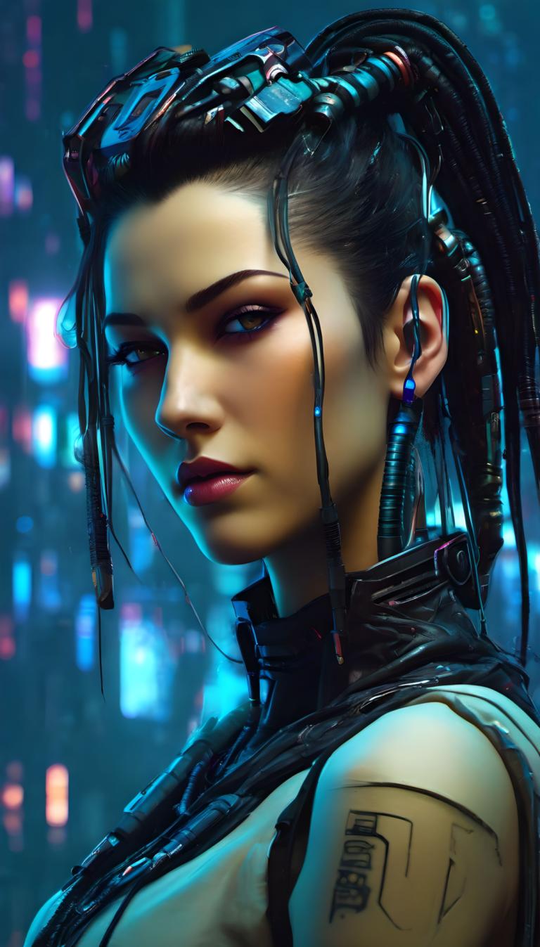 Cyberpunk,Cyberpunk, Ανθρωποι, γυναίκα, 1 κορίτσι, μονοφωνία, μαύρα μαλλιά, κοσμήματα, σκουλαρίκια, μακιγιάζ