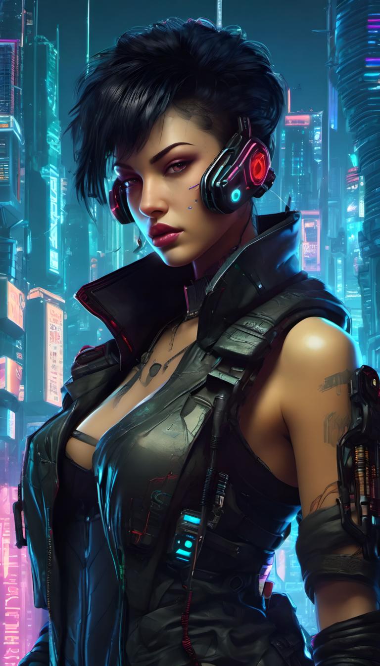 Cyberpunk,Cyberpunk, Mennesker, kvinde, 1 pige, solo, bryster, kort hår, sort hår, cyberpunk, realistisk