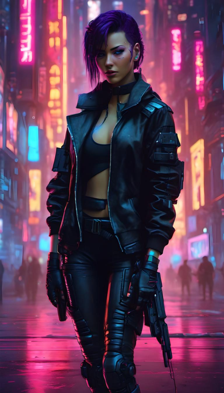 Cyberpunk,Cyberpunk, Mennesker, kvinde, cyberpunk, 1 pige, våben, jakke, bryster, pistol, lilla hår, neonlys