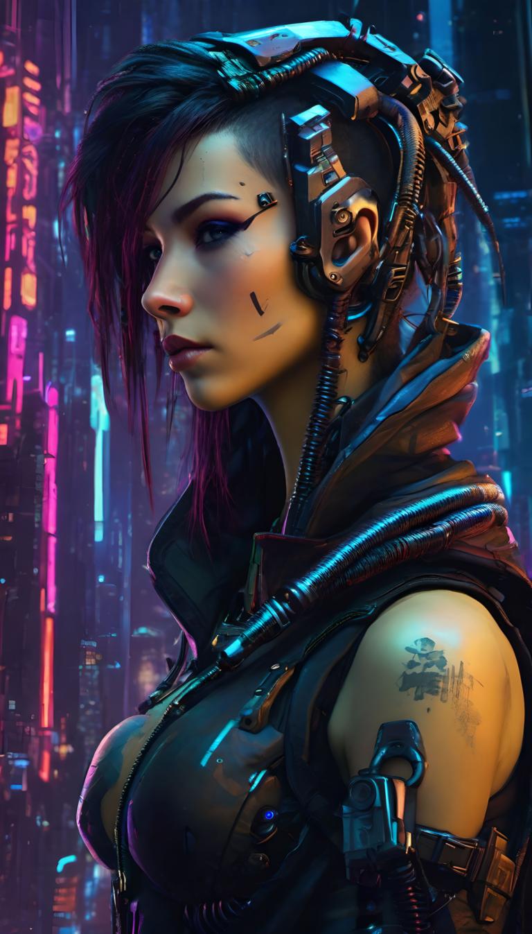 Cyberpunk,Cyberpunk, Mennesker, kvinde, 1 pige, cyberpunk, solo, science fiction, tatovering, bryster