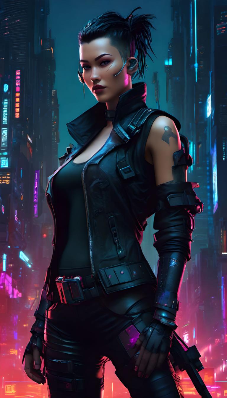 Cyberpunk,Cyberpunk, People, woman, 1girl, solo, cyberpunk, gloves, fingerless gloves, weapon, breasts