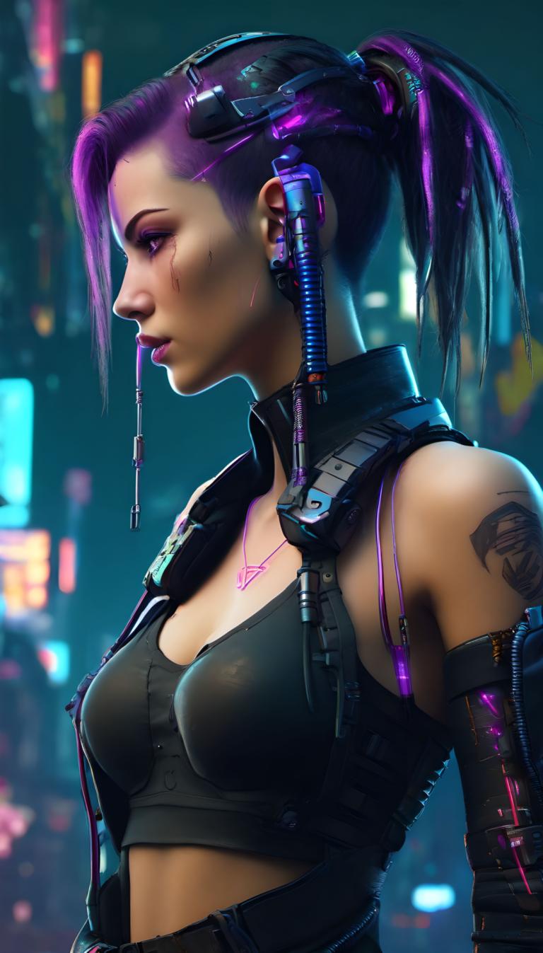 Cyberpunk,Cyberpunk, Oameni, femeie, 1 fata, solo, cyberpunk, sanii, păr violet, tatuaj, coadă de cal