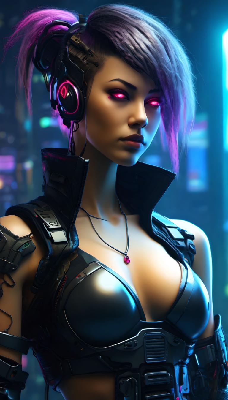 Cyberpunk,Cyberpunk, Oameni, femeie, 1 fata, solo, sanii, Bijuterii, colier, sani medii, cyberpunk, păr roz