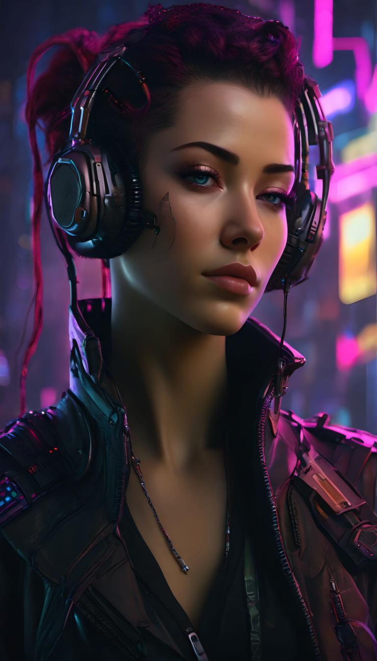 Ciberpunk,Ciberpunk, Gente, mujer, 1 chica, solo, auriculares, chaqueta, collar, ojos azules, labios