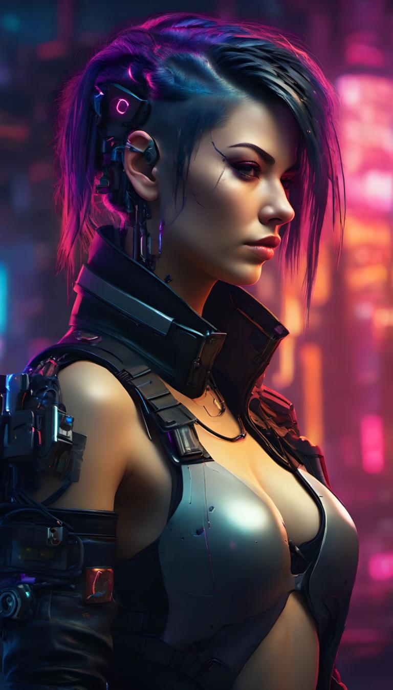 Cyberpunk,Cyberpunk, Mensen, vrouw, 1meisje, solo, borsten, cyberpunk, inkijk, middelgrote borsten, kort haar