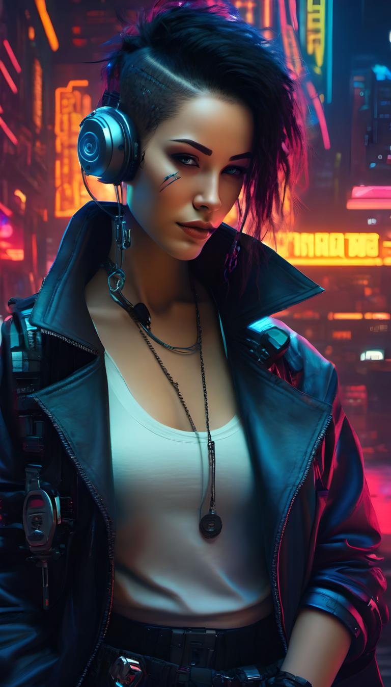 Cyberpunk,Cyberpunk, People, woman, 1girl, solo, jacket, jewelry, cyberpunk, black hair, realistic, necklace