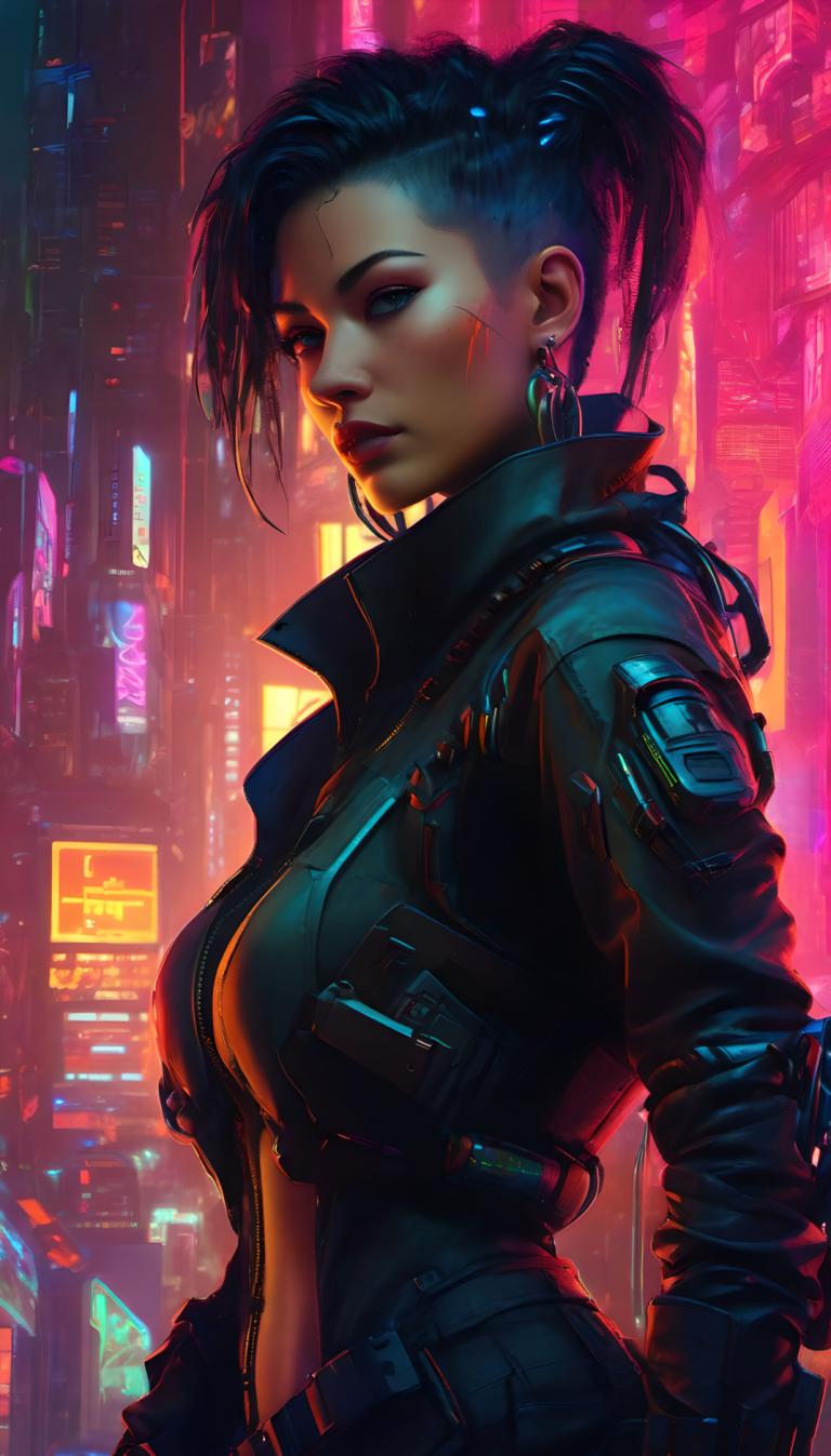 Cyberpunk,Cyberpunk, Ihmiset, nainen, 1 tyttö, kyberpunk, yksin, rinnat, korut, korvakorut, Neon-valot, takki