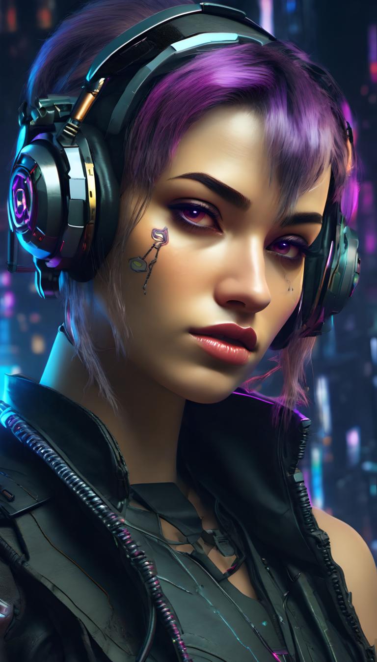 Cyberpunk,Cyberpunk, människor, kvinna, 1 tjej, solo, lila hår, hörlurar, kort hår, realistisk, cyberpunk