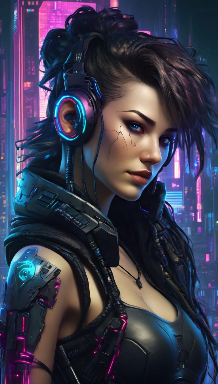 Cyberpunk,Cyberpunk, människor, kvinna, 1 tjej, solo, cyberpunk, blåa ögon, bröst, Smycken, cyborg, halsband