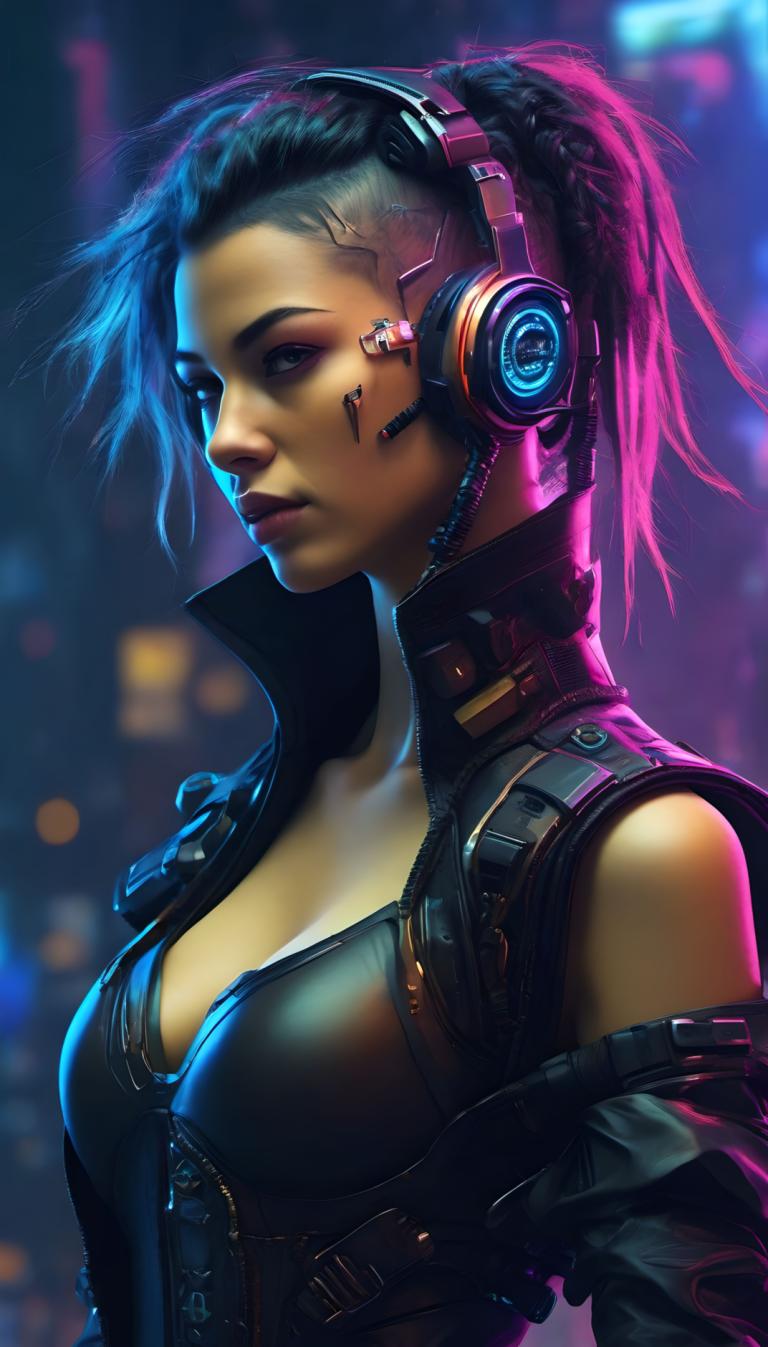 Cyberpunk,Cyberpunk, People, woman, 1girl, solo, breasts, cleavage, headphones, cyberpunk, black hair