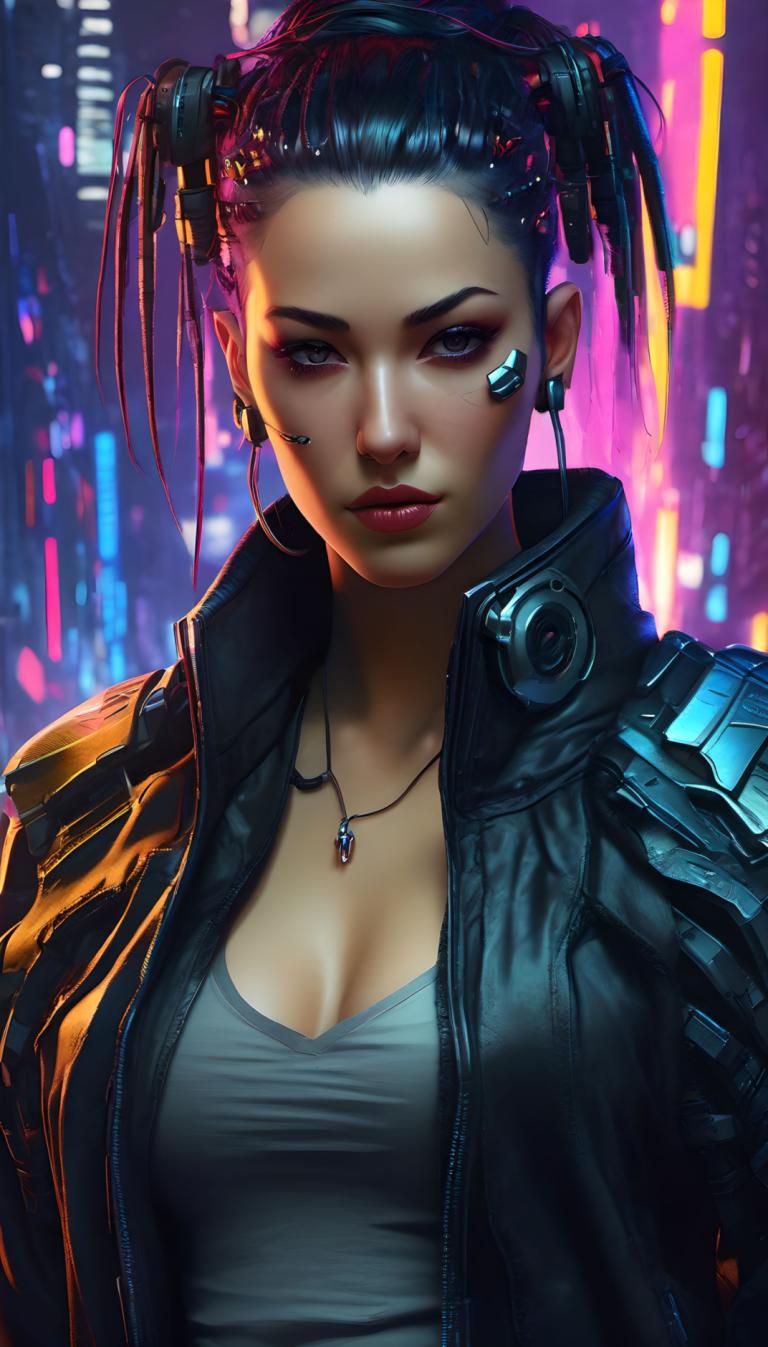 Cyberpunk,Cyberpunk, People, woman, 1girl, breasts, solo, jewelry, cleavage, jacket, necklace, cyberpunk