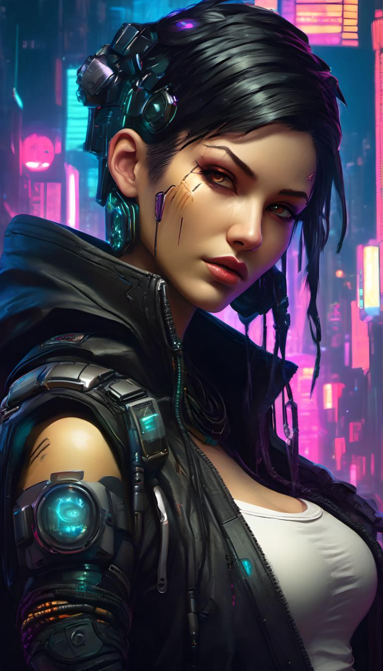 Cyberpunk,Cyberpunk, Mennesker, kvinde, 1 pige, cyberpunk, solo, sort hår, bryster, science fiction, jakke