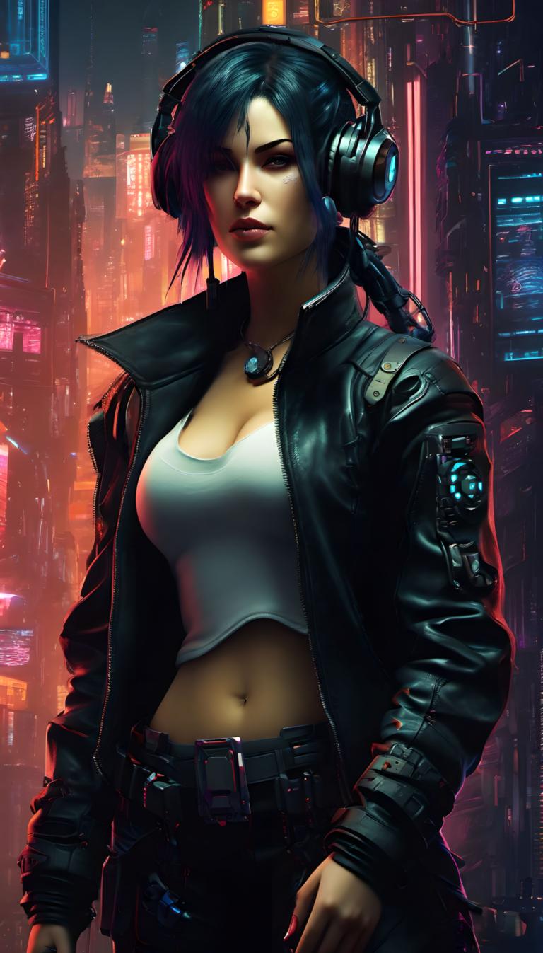 Cyberpunk,Cyberpunk, People, woman, 1girl, solo, breasts, jacket, navel, midriff, cleavage, cyberpunk