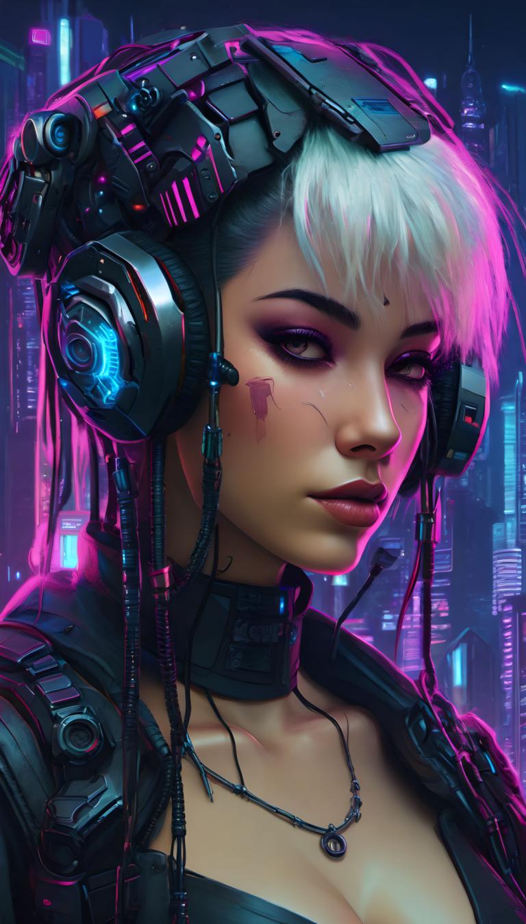 Cyberpunk,Cyberpunk, människor, kvinna, 1 tjej, solo, bröst, Smycken, cyberpunk, klyvning, halsband, vitt hår