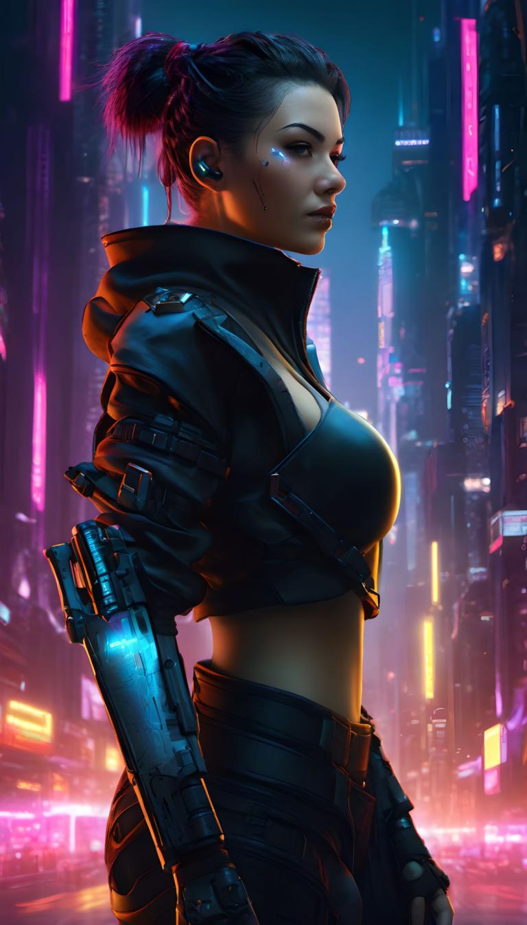 Cyberpunk,Cyberpunk, People, woman, 1girl, cyberpunk, solo, nose, breasts, neon lights, jacket, lips