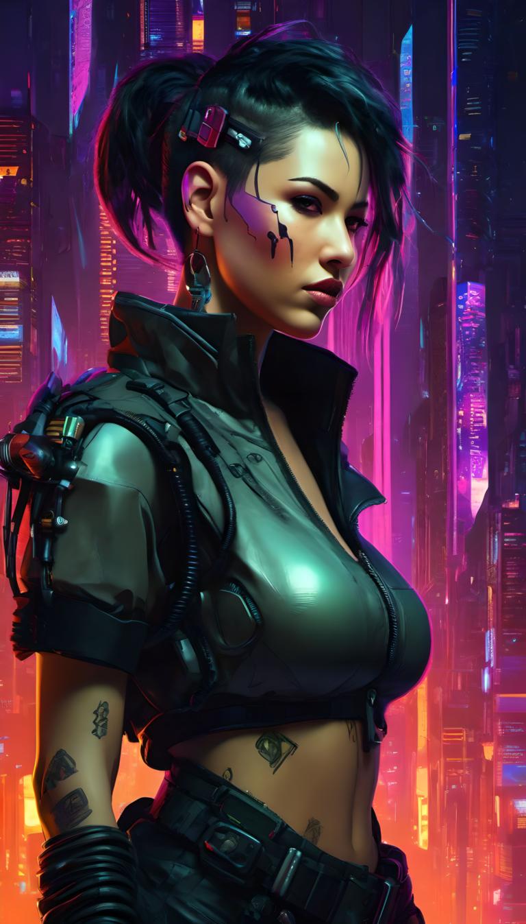 Cyberpunk,Cyberpunk, People, woman, 1girl, cyberpunk, solo, breasts, tattoo, midriff, medium breasts