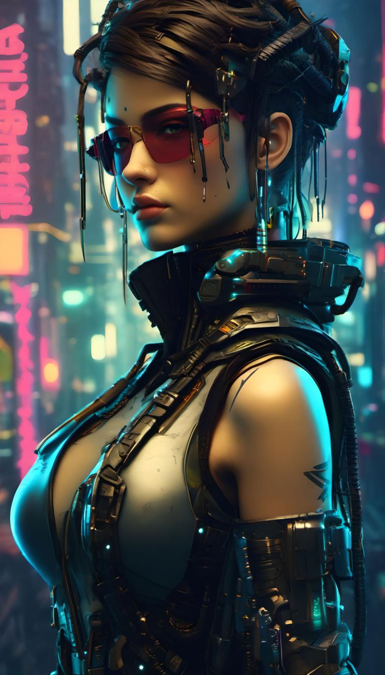 Cyberpunk,Cyberpunk, People, woman, 1girl, solo, breasts, cyberpunk, upper body, sunglasses, tinted eyewear