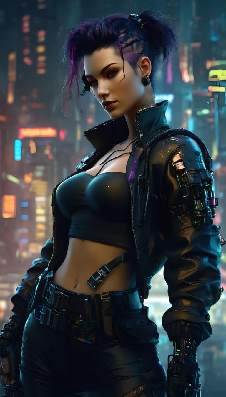 Cyberpunk,Cyberpunk, Mennesker, kvinde, 1 pige, cyberpunk, solo, bryster, jakke, lilla hår, navle, smykker