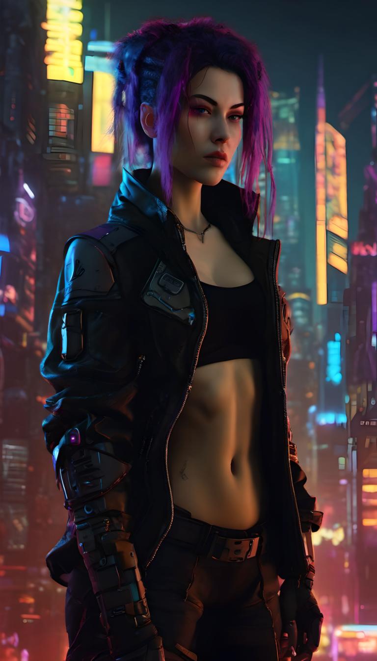 Cyberpunk,Cyberpunk, People, woman, 1girl, cyberpunk, solo, navel, jacket, purple hair, open clothes