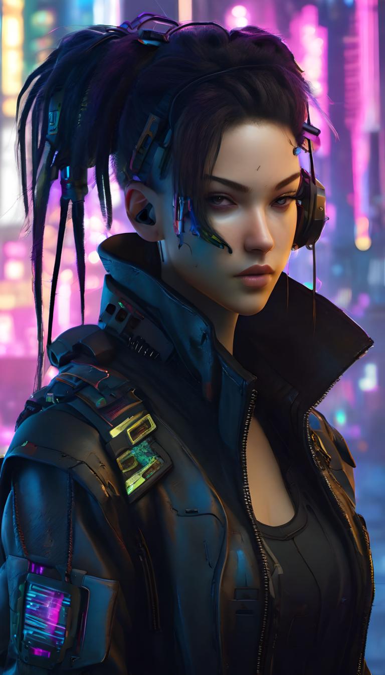 Cyberpunk,Cyberpunk, Mennesker, kvinde, 1 pige, solo, jakke, cyberpunk, hestehale, overkroppen, ser på seeren