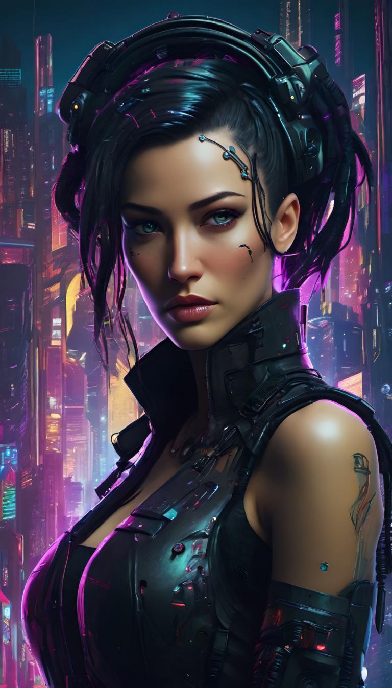 Cyberpunk,Cyberpunk, människor, kvinna, 1 tjej, cyberpunk, solo, svart hår, bröst, tittar på betraktaren