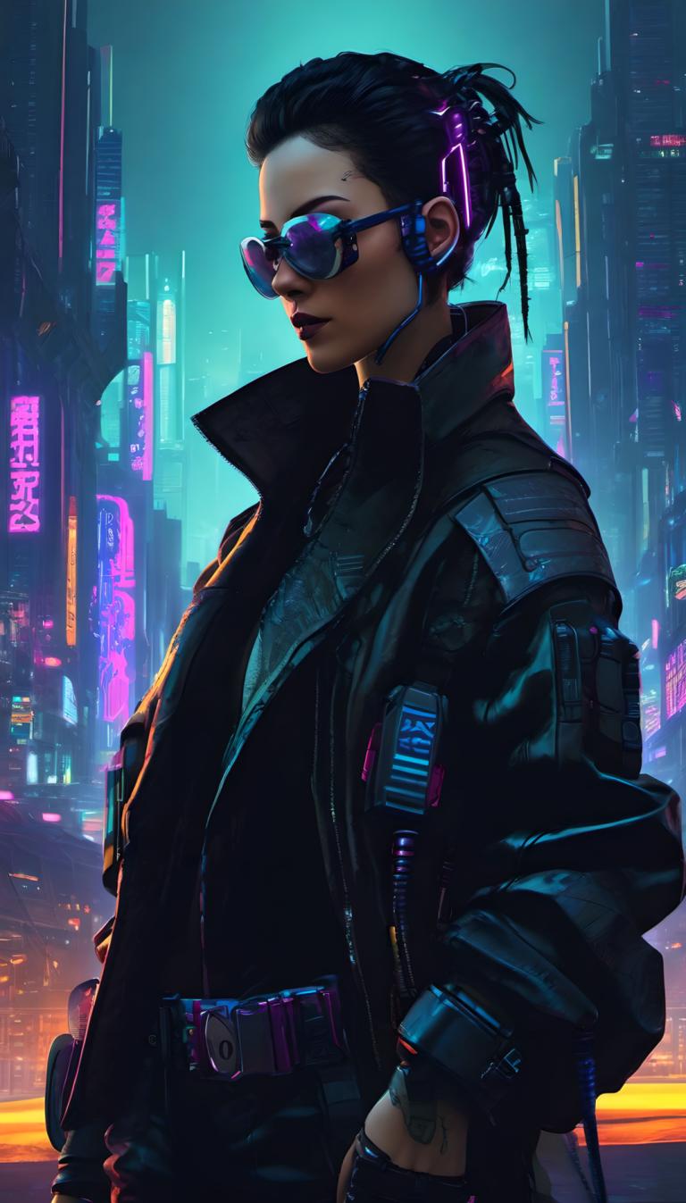 Cyberpunk,Cyberpunk, Mennesker, kvinde, solo, cyberpunk, jakke, sort hår, 1 pige, neonlys, solbriller