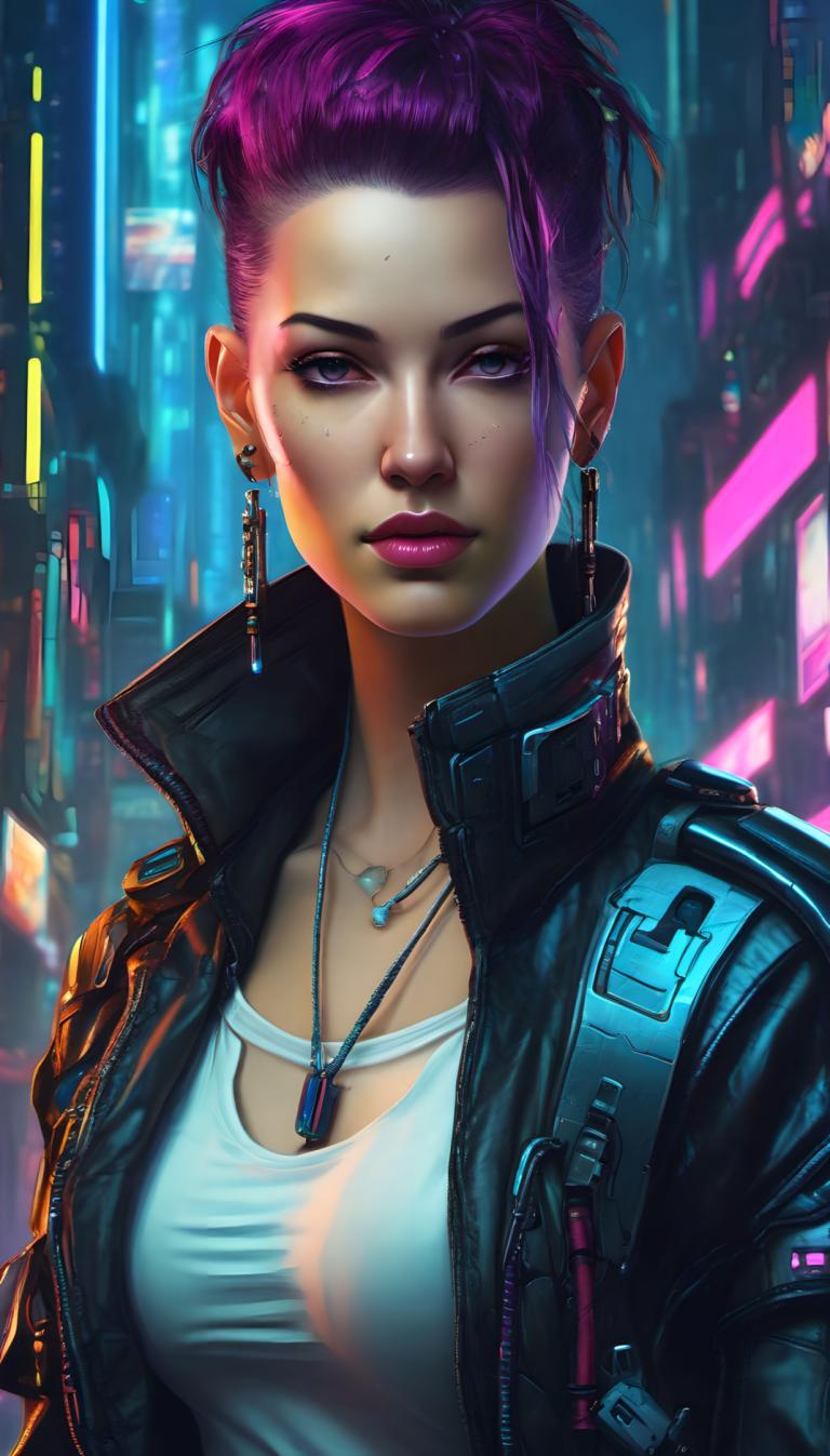 Cyberpunk,Cyberpunk, People, woman, 1girl, solo, jewelry, purple hair, earrings, jacket, breasts, purple eyes