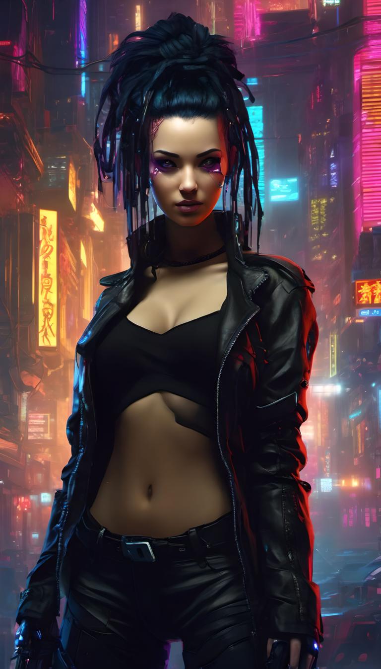 Cyberpunk,Cyberpunk, People, woman, 1girl, solo, breasts, cyberpunk, jacket, navel, pants, open jacket