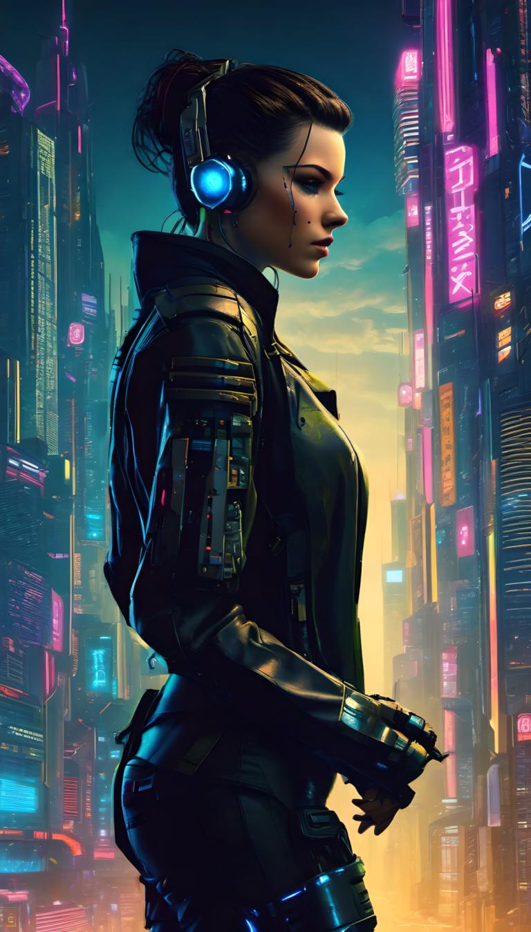 Cyberpunk,Cyberpunk, människor, kvinna, 1 tjej, cyberpunk, solo, Science fiction, cyborg, neonljus, jacka