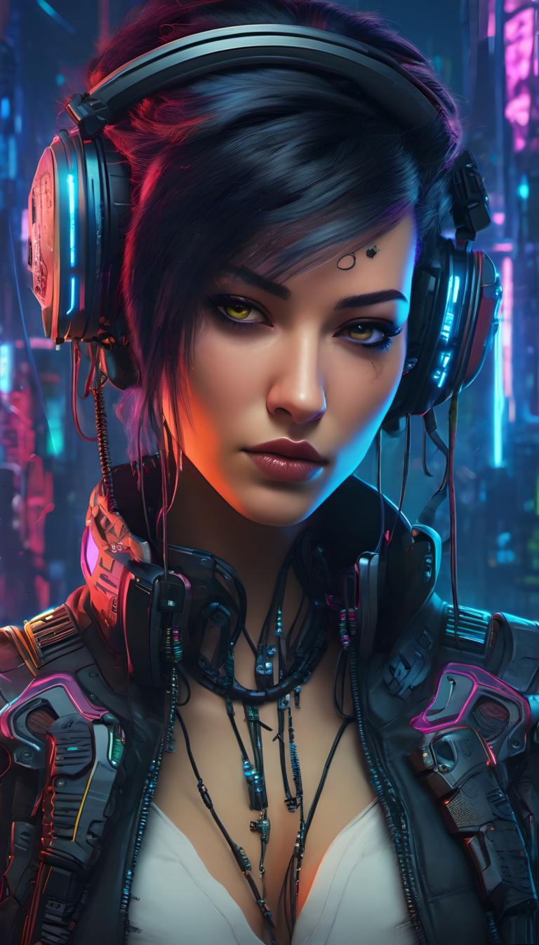 Cyberpunk,Cyberpunk, People, woman, 1girl, solo, breasts, headphones, jewelry, cyberpunk, necklace, cleavage