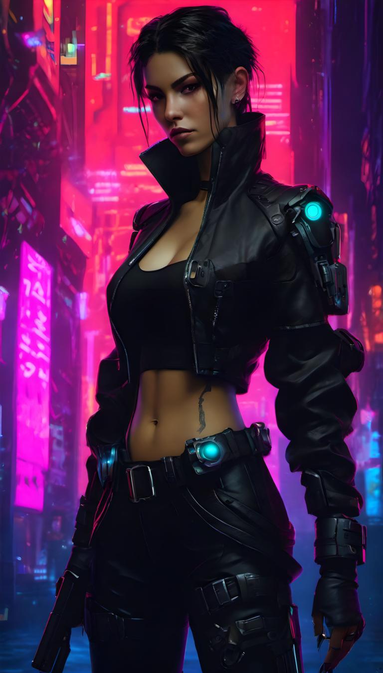 Cyberpunka,Cyberpunka, Ludzie, kobieta, 1 dziewczyna, światła neonowe, cyberpunk, solo, broń, pistolet