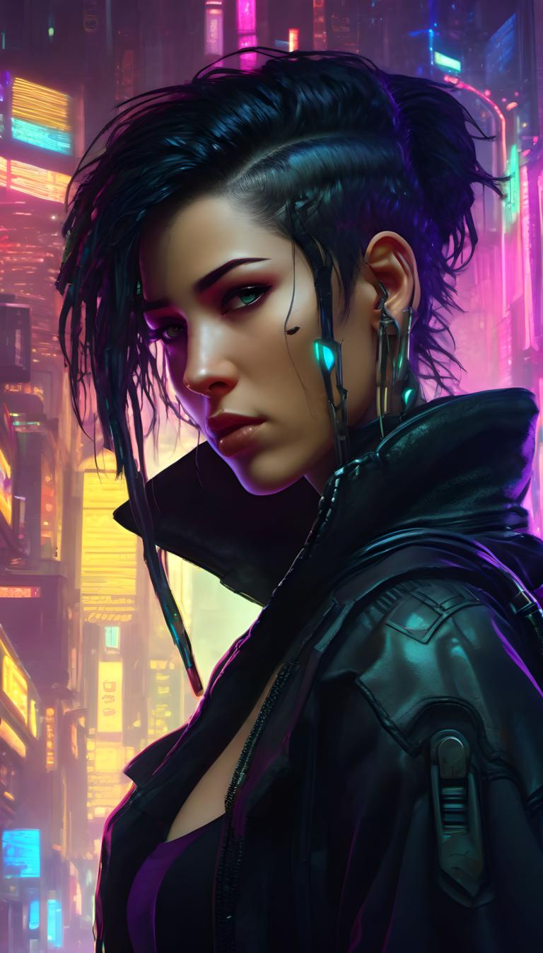 Cyberpunk,Cyberpunk, Mennesker, kvinde, 1 pige, cyberpunk, solo, øreringe, smykker, neonlys, jakke, sort hår