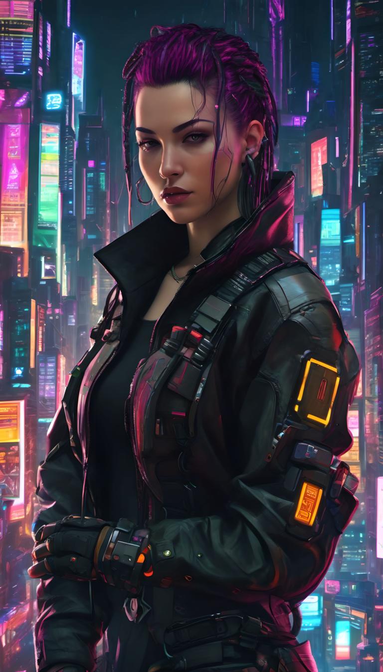 Cyberpunk,Cyberpunk, människor, kvinna, 1 tjej, cyberpunk, solo, jacka, handskar, lila hår, neonljus, Smycken