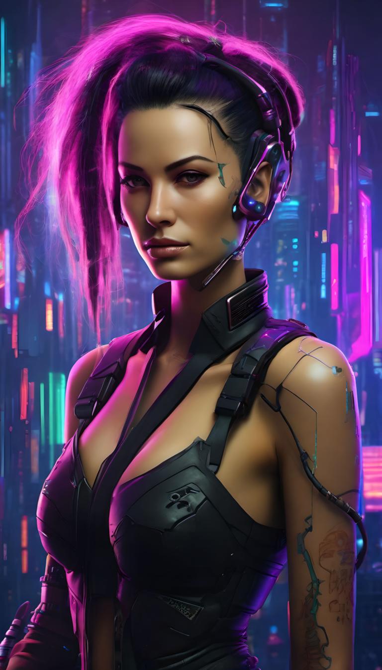 Cyberpunk,Cyberpunk, människor, kvinna, 1 tjej, solo, cyberpunk, bröst, asymmetriskt hår, realistisk, mun