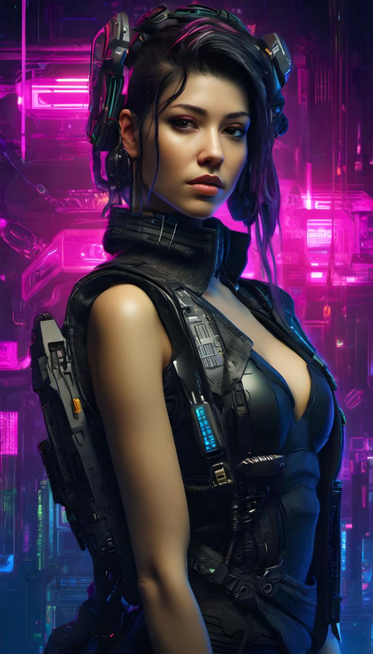 Cyberpunk,Cyberpunk, människor, kvinna, 1 tjej, solo, bröst, cyberpunk, svart hår, Science fiction