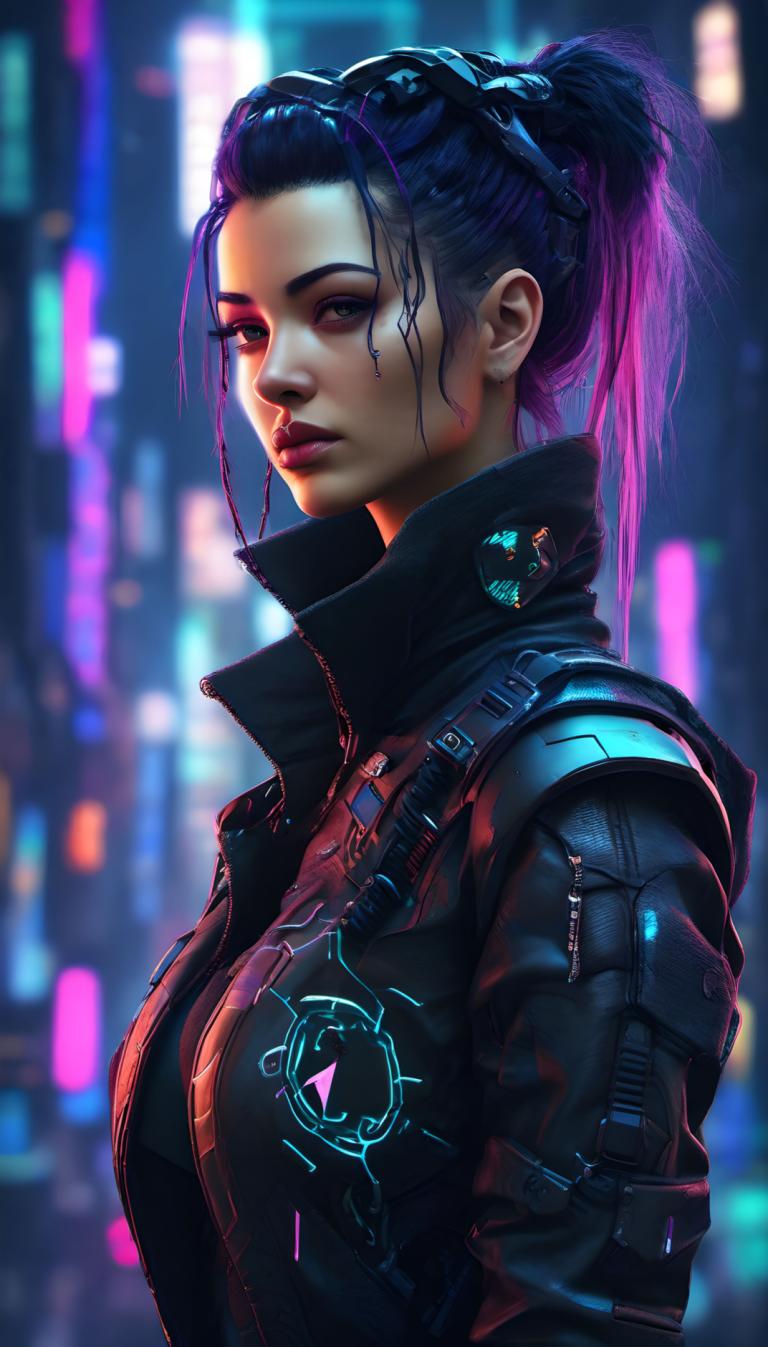 Cyberpunk,Cyberpunk, människor, kvinna, 1 tjej, solo, cyberpunk, suddig bakgrund, jacka, suddigt, hästsvans