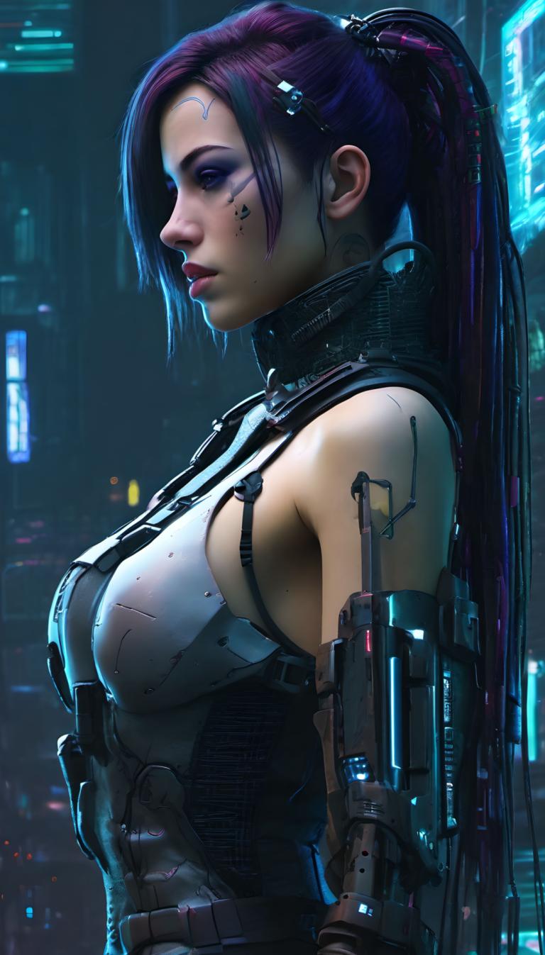 Cyberpunk,Cyberpunk, människor, kvinna, 1 tjej, solo, lila hår, bröst, cyberpunk, långt hår, hästsvans