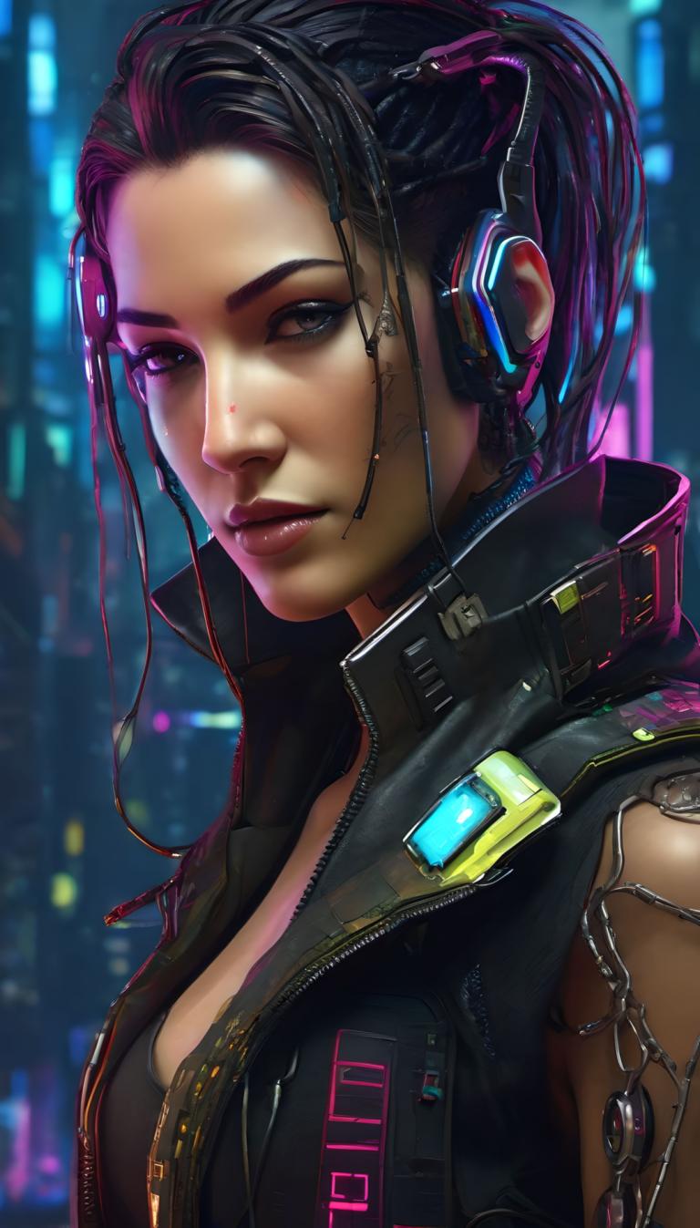 Cyberpunk,Cyberpunk, Mennesker, kvinde, 1 pige, solo, sort hår, hestehale, ser på seeren, cyberpunk, jakke