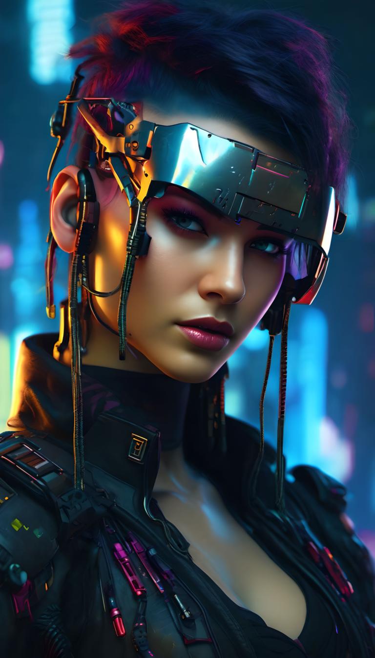 Cyberpunk,Cyberpunk, Mennesker, kvinde, 1 pige, solo, bryster, cyberpunk, spaltning, læber, makeup, kort hår