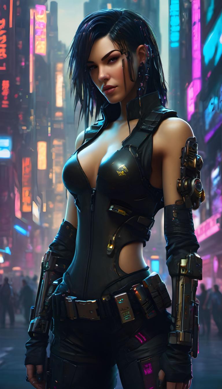 Cyberpunk,Cyberpunk, människor, kvinna, 1 tjej, bröst, handskar, fingerlösa vantar, cyberpunk, svart hår