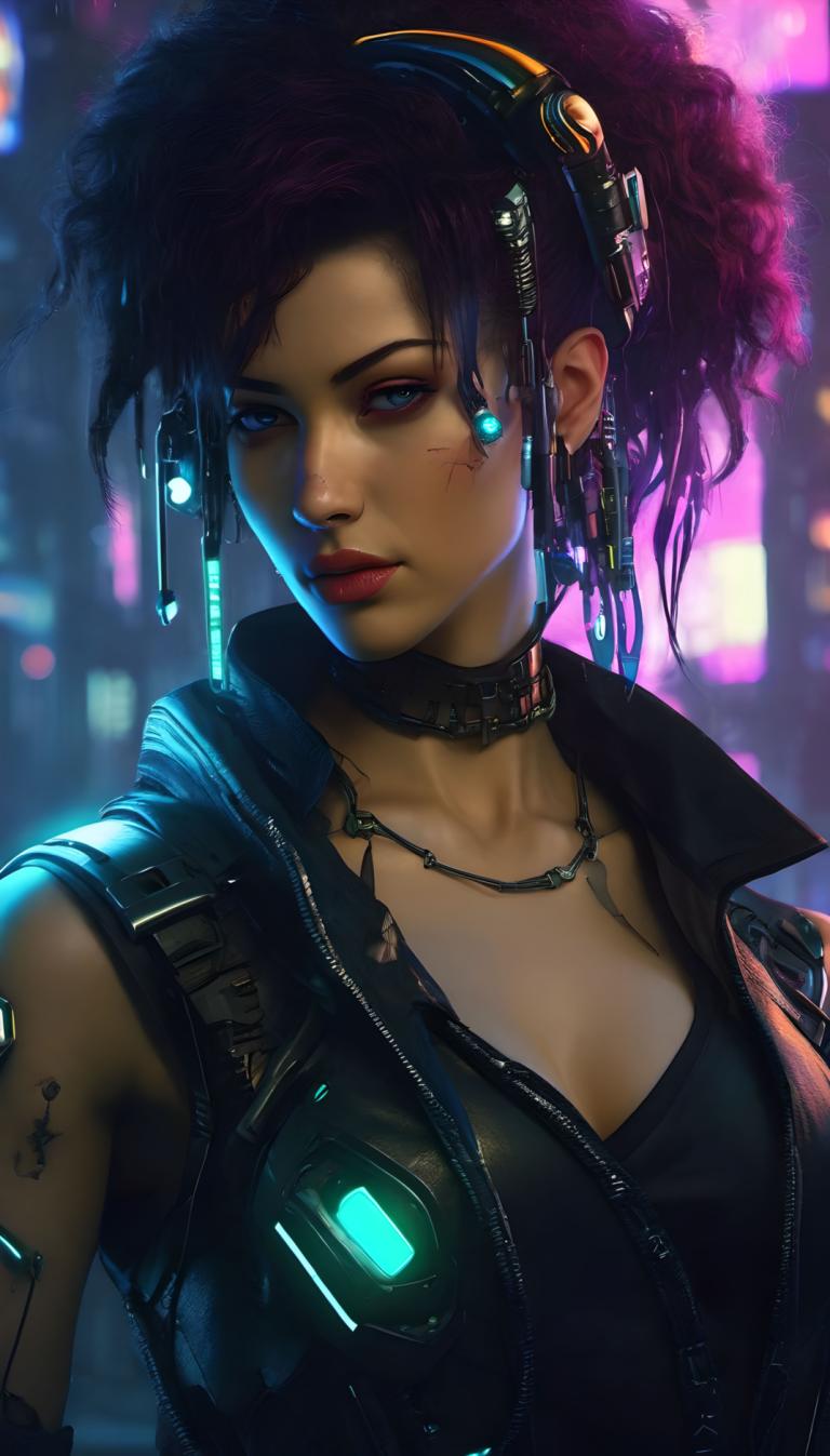 Cyberpunk,Cyberpunk, Personnes, femme, 1fille, solo, bijoux, seins, cyberpunk, foulard, collier