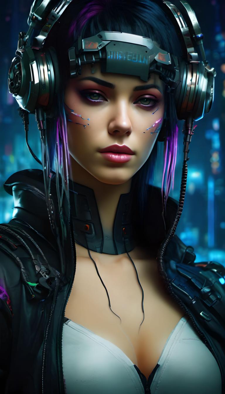 Cyberpunk,Cyberpunk, People, woman, 1girl, solo, breasts, cyberpunk, jacket, cleavage, realistic