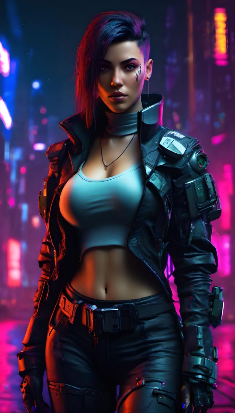 Cyberpunk,Cyberpunk, Mọi người, đàn bà, 1 cô gái, đấu, cyberpunk, ngực, áo khoác, quần dài, lỗ rốn, phần giữa