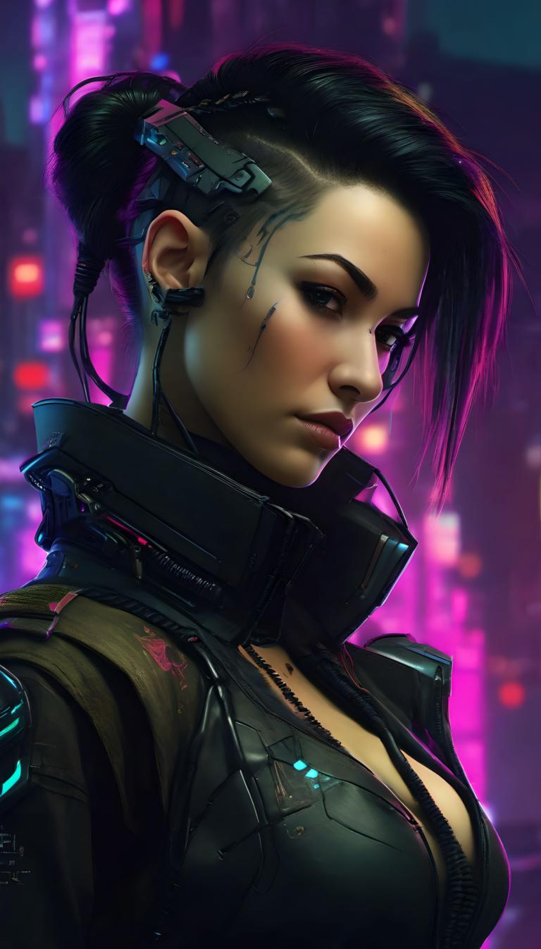 Cyberpunk,Cyberpunk, Mọi người, đàn bà, 1 cô gái, đấu, cyberpunk, ngực, tóc đen, áo khoác, phần thân trên