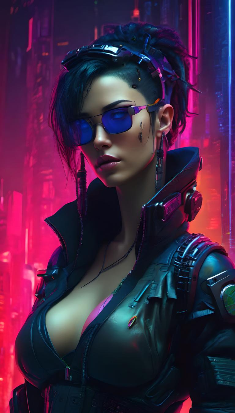 Cyberpunk,Cyberpunk, Personnes, femme, 1fille, seins, solo, clivage, cyberpunk, bijoux, cheveux noirs