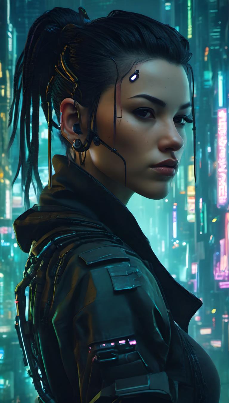 Cyberpunk,Cyberpunk, Oameni, femeie, 1 fata, solo, cyberpunk, coadă de cal, brunet, din lateral, realist, nas