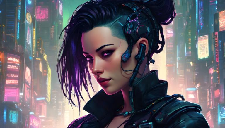 Cyberpunk,Cyberpunk, People, woman, 1girl, solo, cyberpunk, neon lights, cable, single hair bun, hair bun