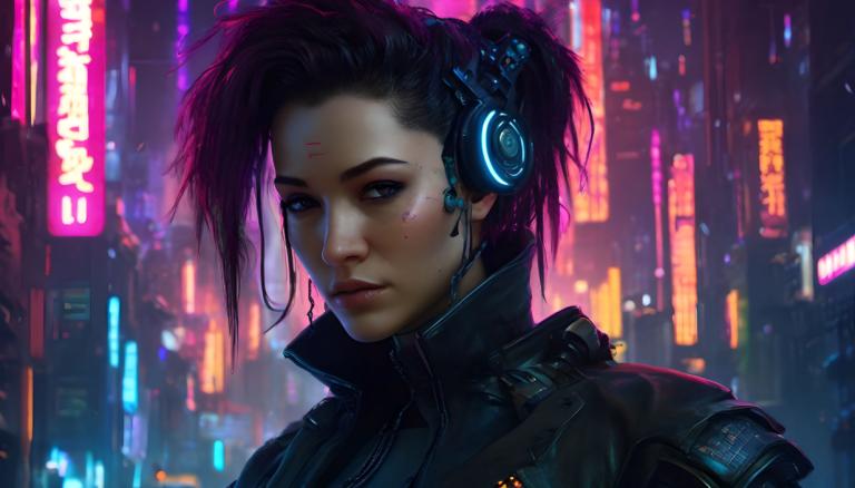 Cyberpunk,Cyberpunk, människor, kvinna, 1 tjej, cyberpunk, solo, neonljus, realistisk, hörlurar, jacka, stad