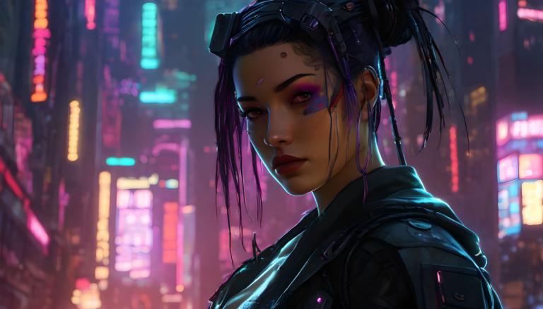 Cyberpunk,Cyberpunk, People, woman, 1girl, solo, cyberpunk, neon lights, blurry background, blurry, hair bun